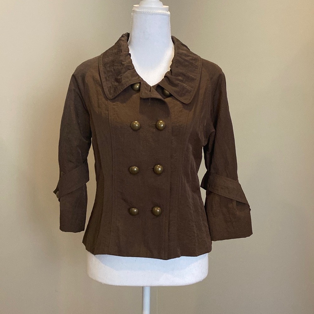 Brown, Double-Button Jacket with 3/4 Slight Bell Sleeves and Rounded Collar
